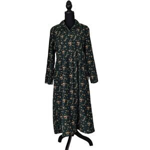La Cera Dark Green Floral Fine Courderoy Button Front Long Dress app. Medium